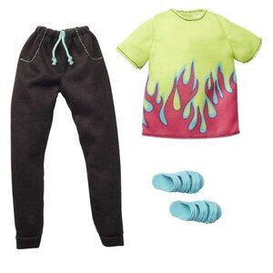 Barbie Fashion, Ken Doll Neon Flame Shirt, Black Pants and Slide Sandals